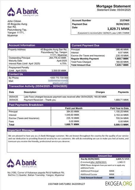 Modèle Word et PDF de relevé hypothécaire de la Myanmar A Bank